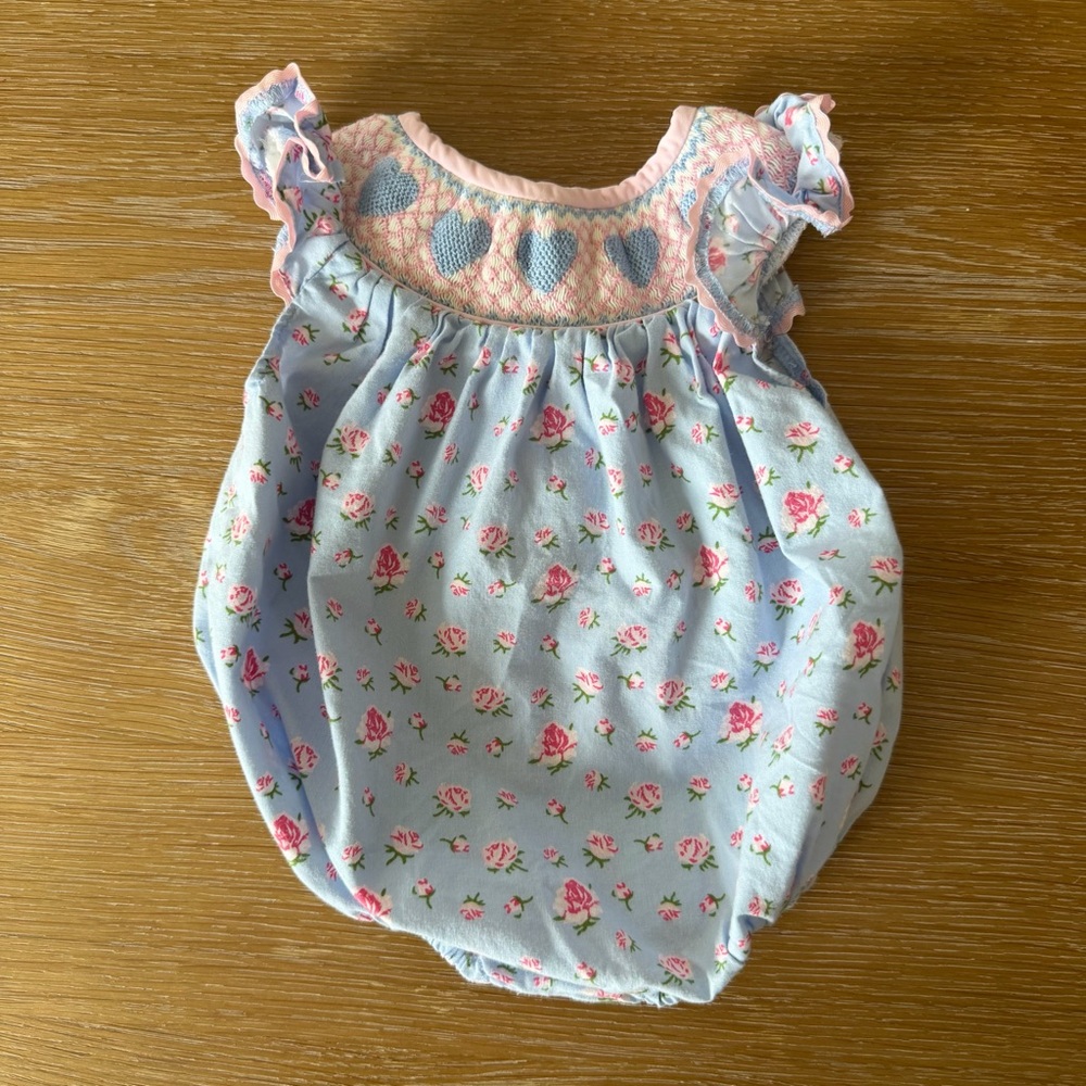 Floral Baby Romper with Heart Smocked Detail